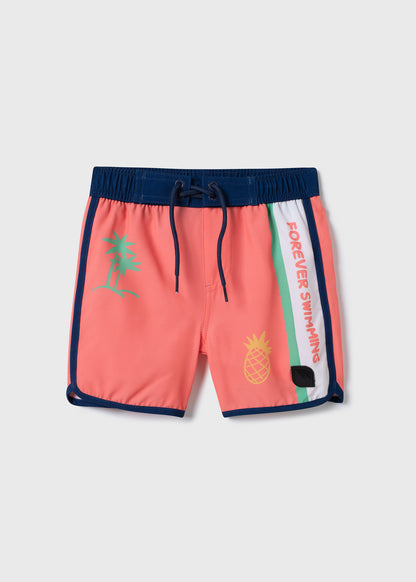 Maillot de bain - Northcoast corail avec motifs palmier et ananas, bande latérale blanche et verte, garçon, vue de face.