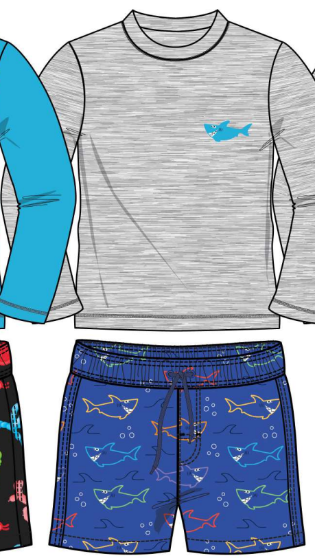 Ensemble Maillot de bain - Northcoast bleu marine et gris avec motifs requins colorés, pour garçon, vue de face.