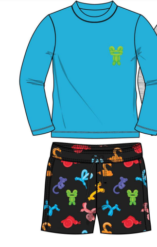 Ensemble Maillot de bain - Northcoast avec haut bleu manches longues et short noir à motifs animaux colorés, garçon, vue de face.