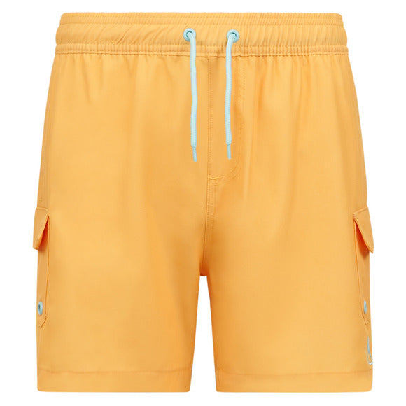 Maillot de bain - Northcoast short jaune sable avec cordon bleu ciel et poches latérales, garçon, vue de face et dos