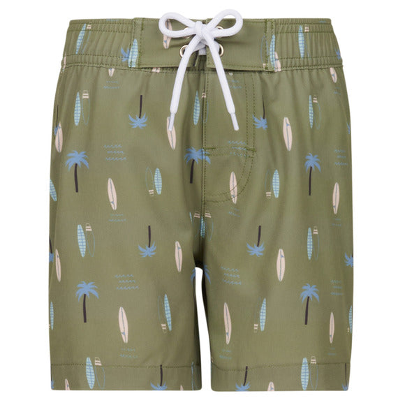 Maillot de bain - Northcoast kaki avec motifs palmiers et planches de surf bleus et beige, taille ajustable, vue de face.