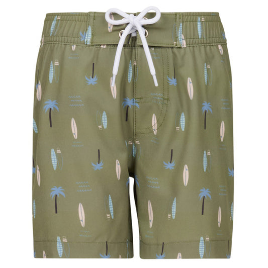 Maillot de bain - Northcoast kaki avec motifs palmiers et planches de surf bleus et beige, taille ajustable, vue de face.