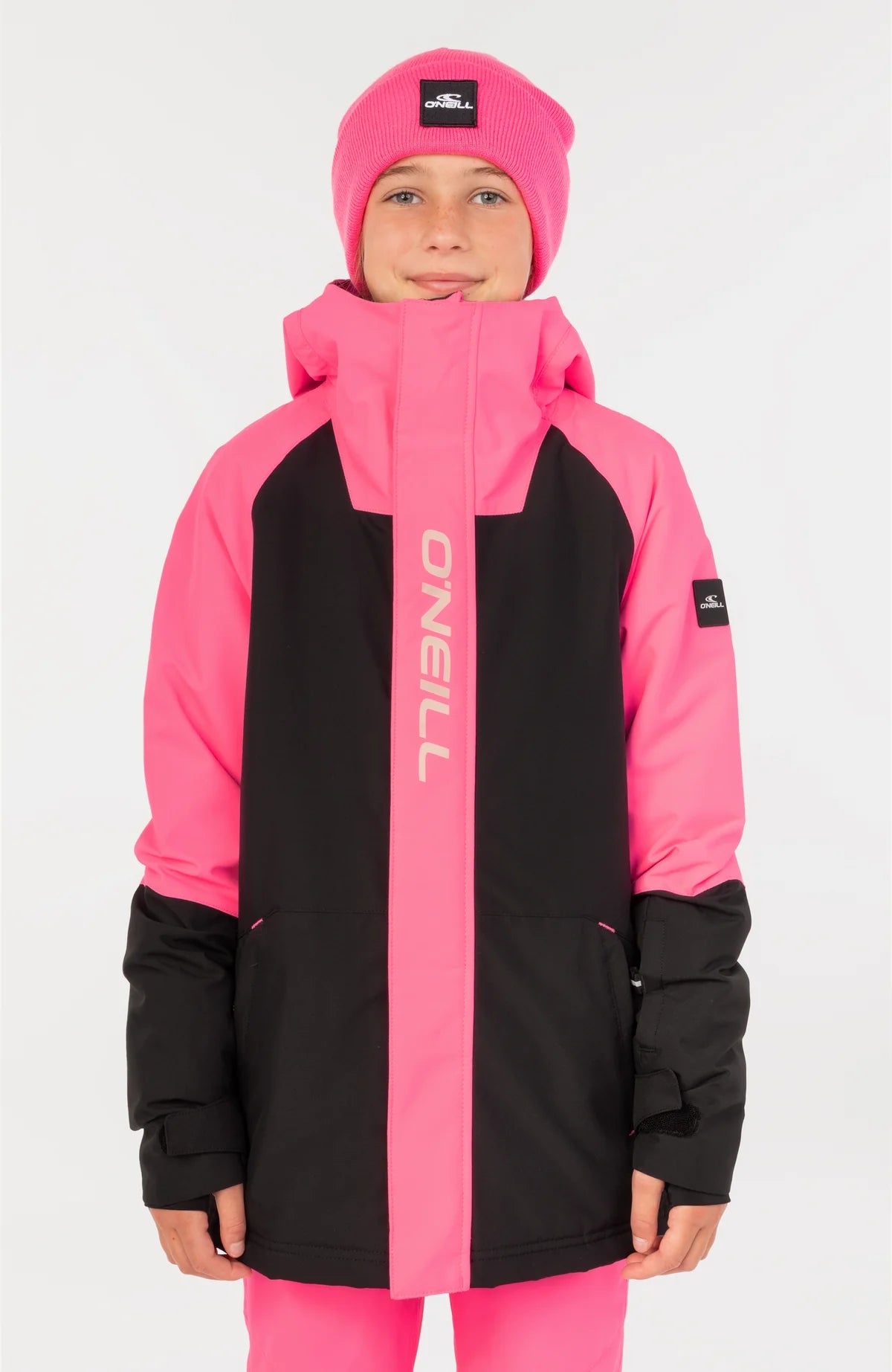 Manteau d'hiver FWC'PLAY - O'neill rose et noir, coupe longue, pour fille, vue de face avec capuchon et rabat fermé.