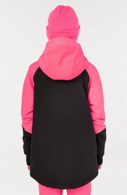 Manteau d'hiver FWC'PLAY - O'neill noir et rose avec capuchon fixe, pour fille, vue de dos, coupe longue et manche raglan.