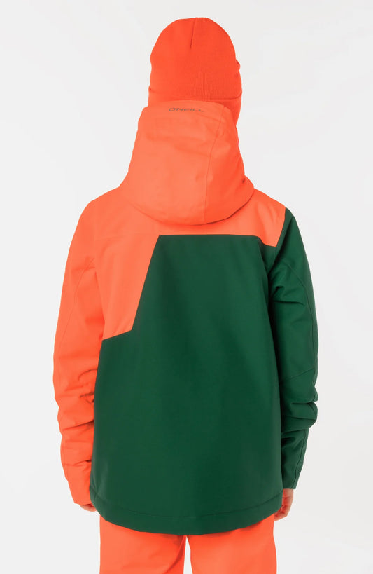 Manteau d'hiver - O'neill bicolore orange et vert foncé pour garçon, vue de dos avec capuchon fixé