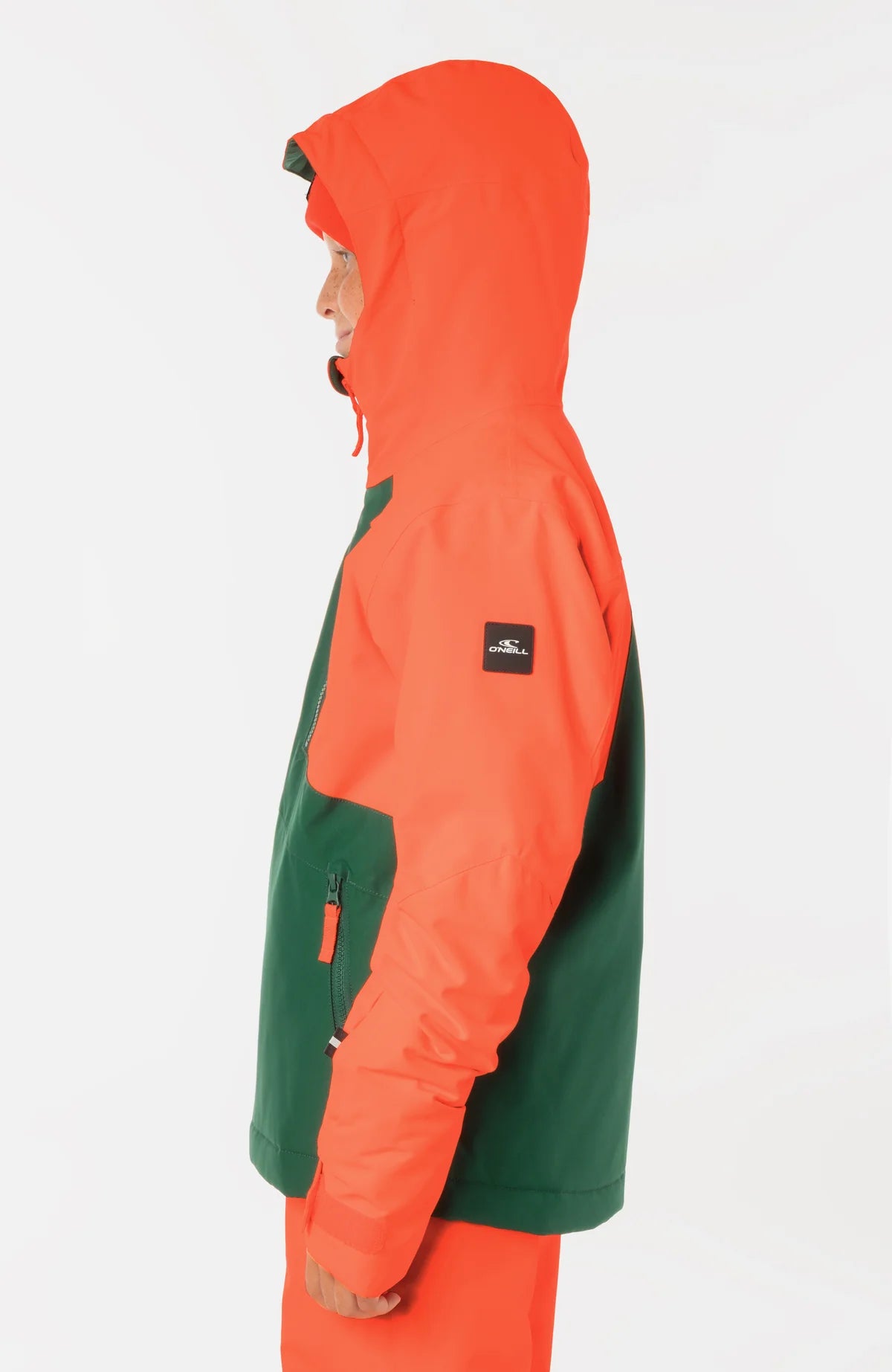 Manteau d'hiver - O'neill vert et orange, capuchon fixe, coupe garçon, vue de profil côté gauche