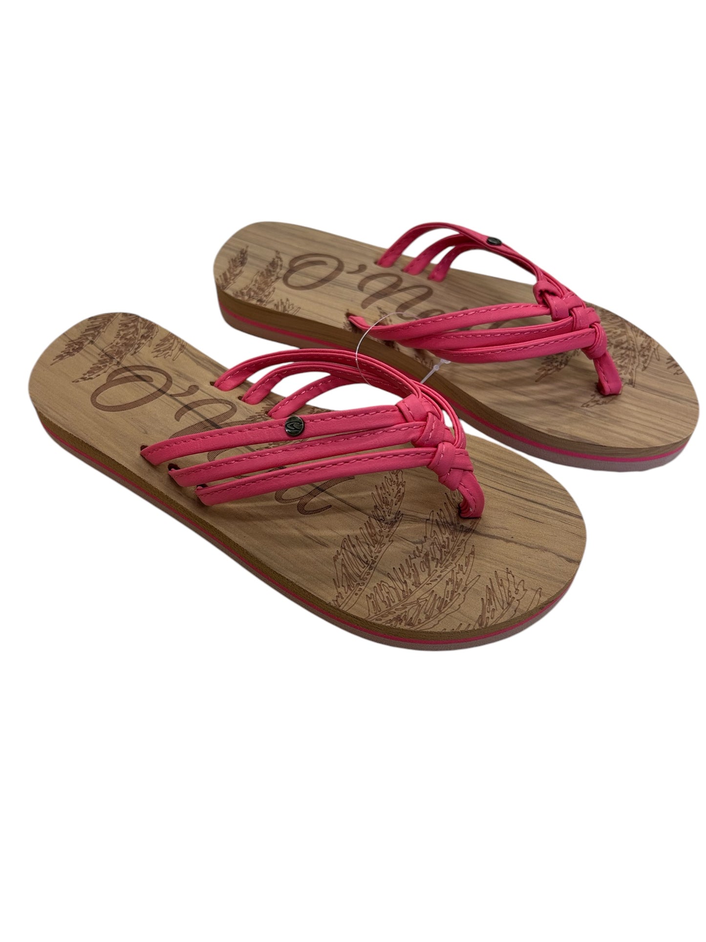 Sandales - Ditsy O'Neill rose avec semelle effet bois et motifs gravés, style gougounnes, pour fille, vue en angle dessus.