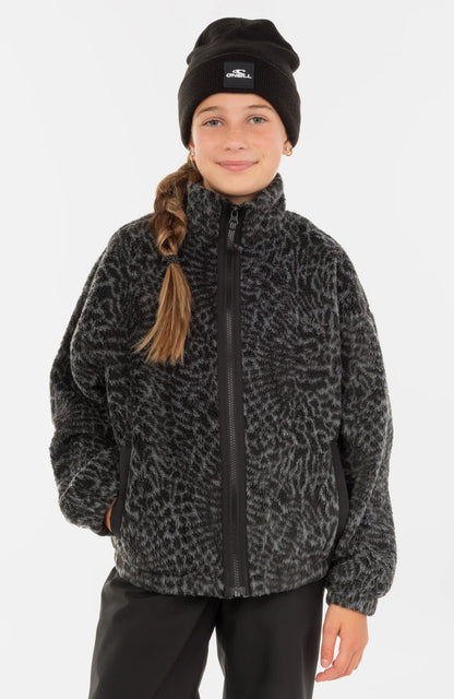 Veste HIGH PILE FZ - O'Neill noire à motifs gris, molleton à poils longs, fermeture éclair, pour fille, vue de face portée.
