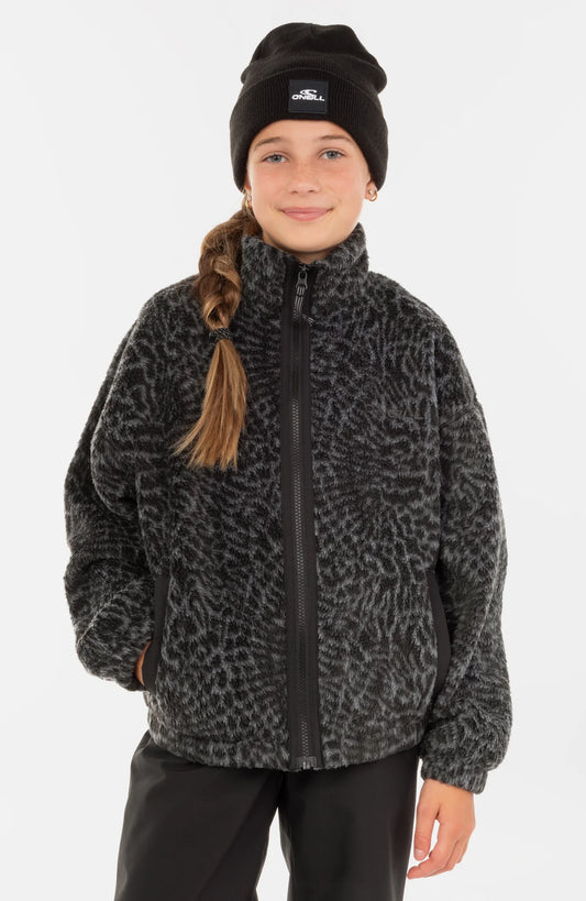Veste HIGH PILE FZ - O'Neill noire à motifs gris, molleton à poils longs, fermeture éclair, pour fille, vue de face portée.