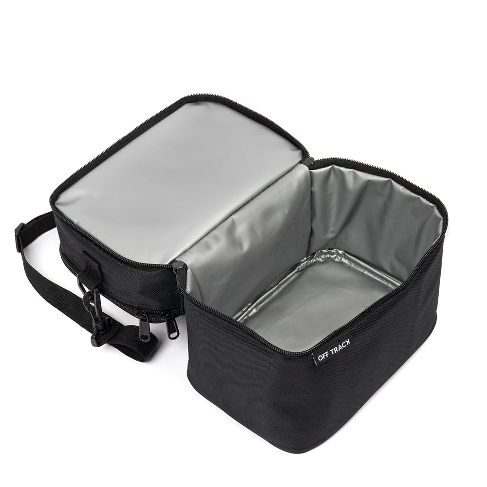 Boite à lunch - Off Track Noir grand format avec 2 compartiments isolés, intérieur argenté, vue ouverte et de côté
