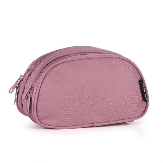 Étui à crayons - Off Track en tissu rose mauve avec 2 compartiments zippés, vue de face, style simple pour enfant.