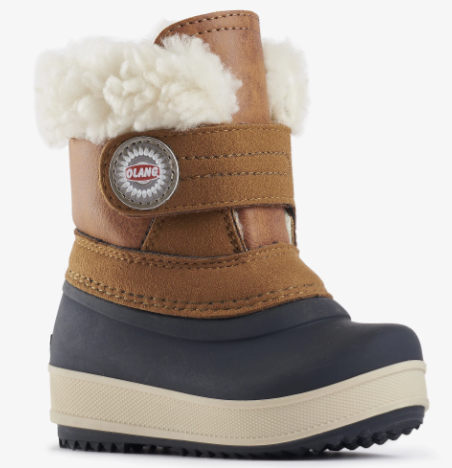 Bottes d'hiver - Olang marron et marine avec fourrure blanche, bande velcro, pour tout-petit, vue de profil gauche