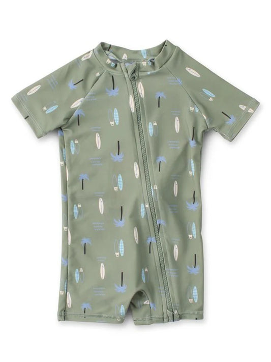 Maillot de bain - Northcoast vert kaki à manches courtes avec motifs planches de surf et palmiers bleus, pour enfant, vue de face