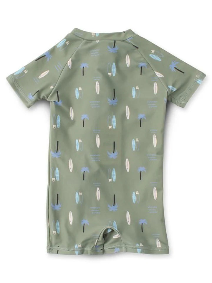 Maillot de bain - Northcoast vert kaki à motifs planches de surf et palmiers bleus, manches courtes, pour enfant, vue de dos