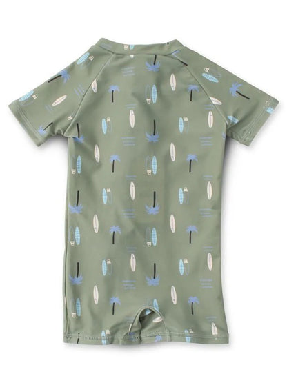 Maillot de bain - Northcoast vert kaki à motifs planches de surf et palmiers bleus, manches courtes, pour enfant, vue de dos