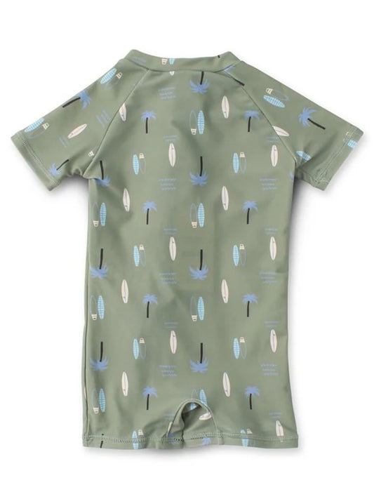 Maillot de bain - Northcoast vert kaki à motifs planches de surf et palmiers bleus, manches courtes, pour enfant, vue de dos