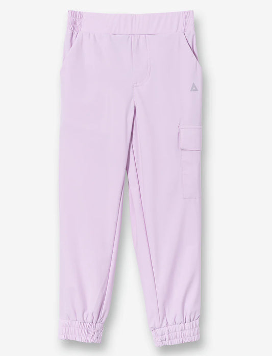 Pantalon - M.I.D rose clair en nylon et élasthane, style cargo enfant, vue de face avec poches et ceintures élastiques.