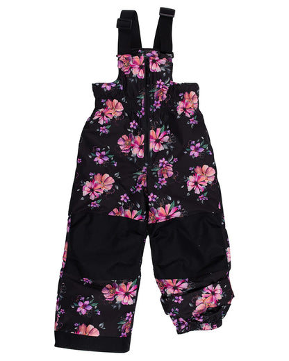 Habit de neige Peluche & Tartine noir à fleurs roses et violettes, tissu isolant, bretelles réglables, fille, vue de face