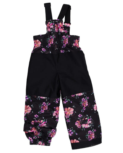 Habit de neige Peluche & Tartine noir avec motifs floraux roses et violets, doublure isolante, pour fille, vue de face entière.