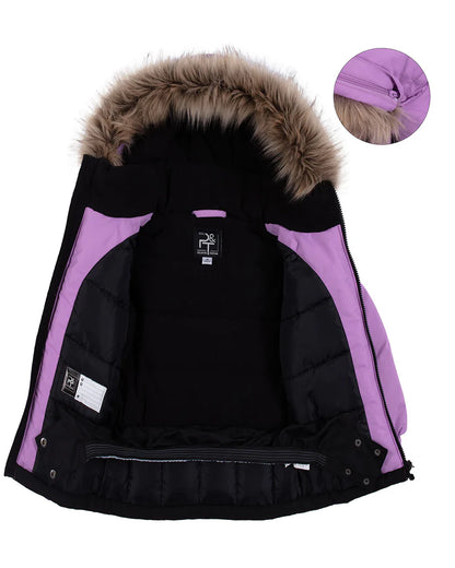 Habit de neige Peluche & Tartine violet intérieur noir avec capuchon fausse fourrure détachable, pour fille, vue intérieur face ouverte