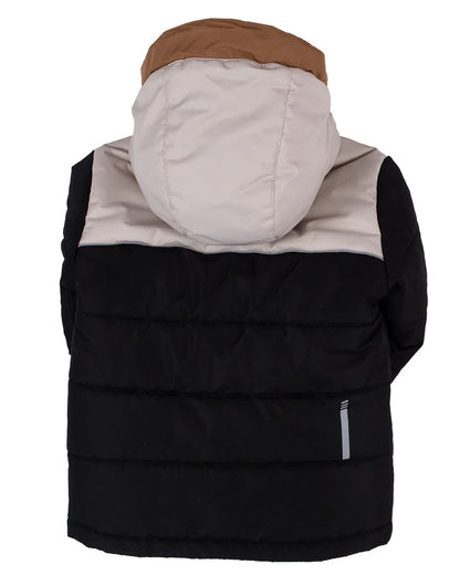 Habit de neige - Peluche & Tartine noir et beige avec capuchon marron, isolant chaud pour garçon, vue de dos