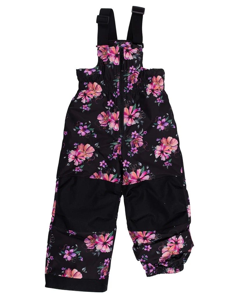 Habit de neige - Peluche & Tartine noir à motifs floraux roses et violet, bretelles réglables, pour fille, vue de face.