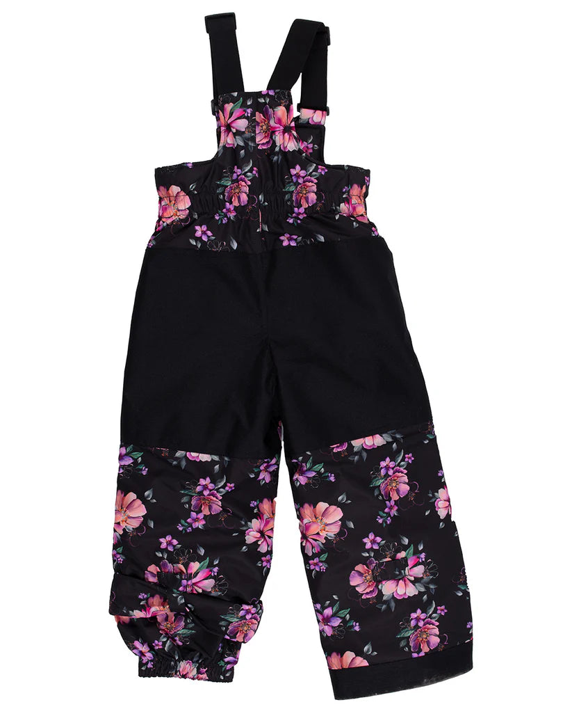 Habit de neige - Peluche & Tartine noir avec motifs floraux roses et violets, bretelles réglables, pour fille, vue de dos