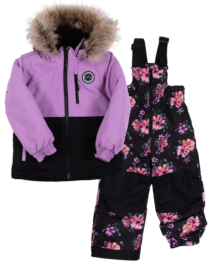 Habit de neige - Peluche & Tartine violet et noir avec motif floral rose pantalon bretelles pour fille vue de face