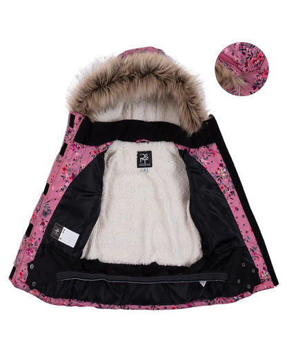 Habit de neige - Peluche & Tartine fille rose à motifs floraux, doublure intérieure blanche peluche, capuchon fourrure, vue ouverte dessus.