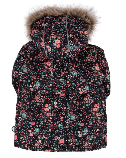 Habit de neige - Peluche & Tartine fleurie noire avec capuchon fourrure, isolation enfant fille, vue de dos