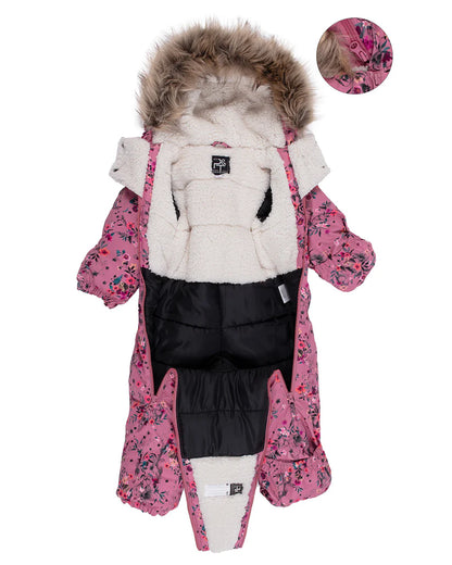 Habit de neige 1 Pc - Peluche & Tartine rose avec motifs floraux, doublure polaire blanche, capuchon fausse fourrure, pour fille, vue ouverte dessus