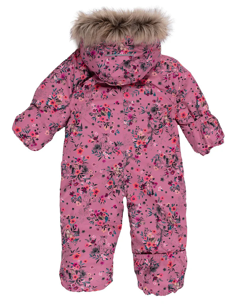 Habit de neige 1 Pc - Peluche & Tartine rose à motifs floraux multicolores, capuchon à fourrure, pour fille, vue de dos.