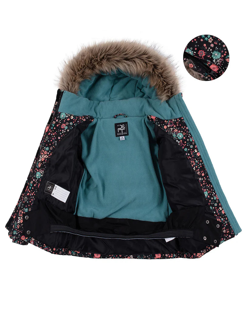 Habit de neige - Peluche & Tartine fille noir à motifs floraux intérieur turquoise doublure polaire vue de face ouverte