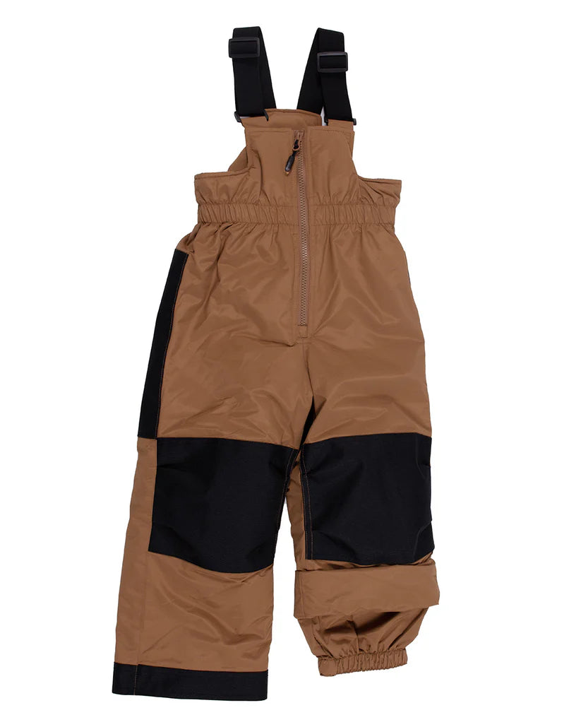 Habit de neige - Peluche & Tartine marron et noir en tissu isolant, pantalon de neige garçon, vue de face sans manches.