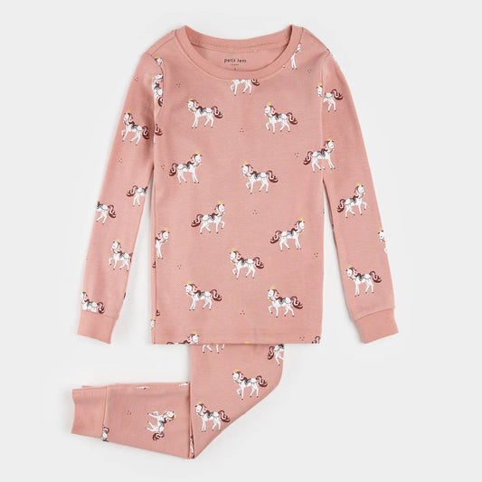 Pyjama - Petit Lem rose imprimé chevaux blancs, coton côtelé biologique, manches longues, pour fille, vue de face à plat