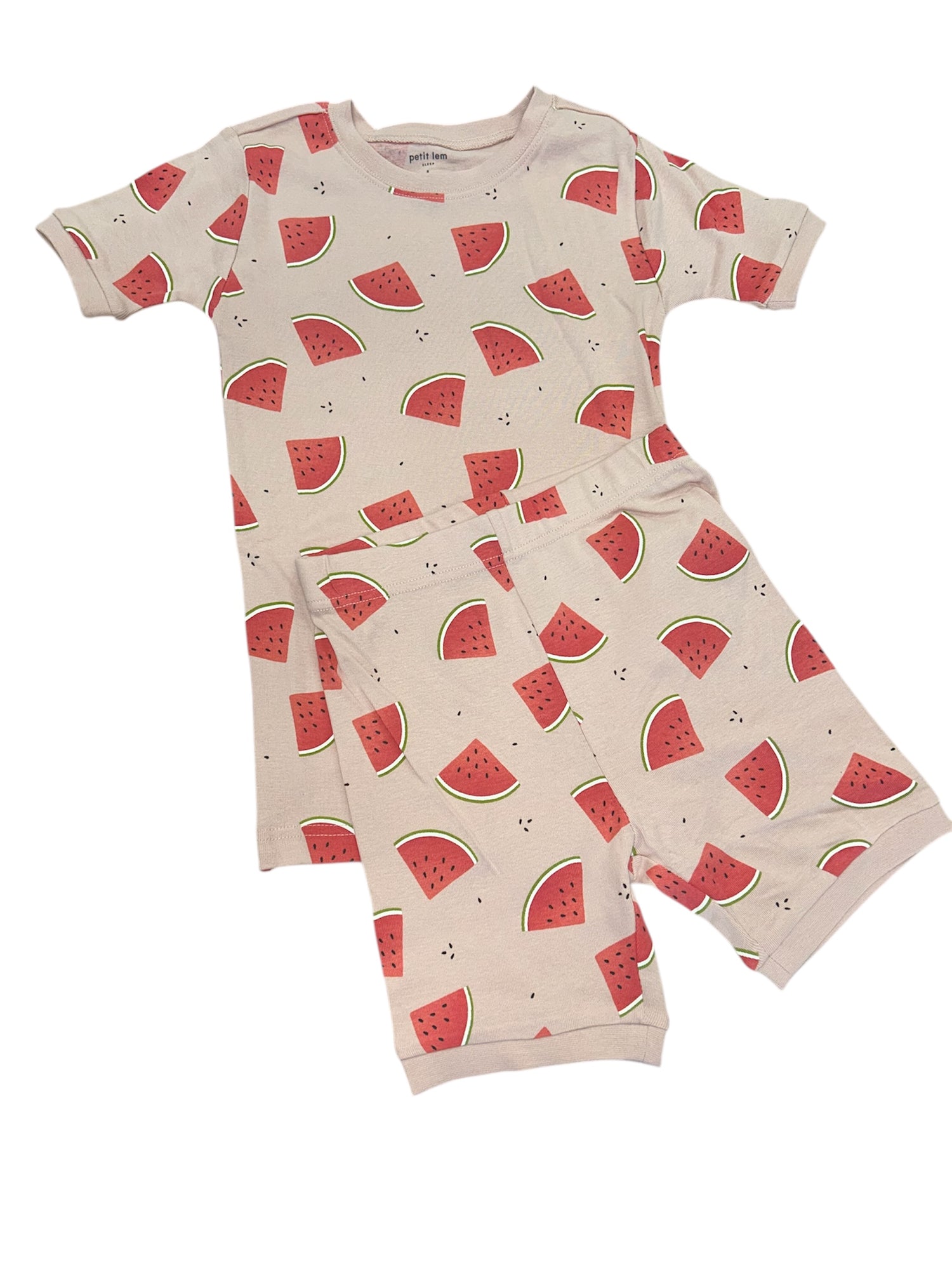 Pyjama - Petit Lem en coton beige avec motifs pastèques rouges et vertes, manches courtes, pour fille, vue de face à plat.