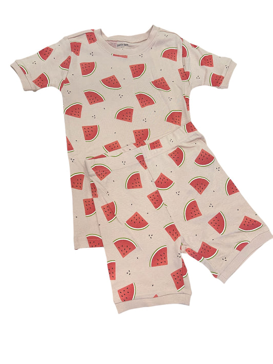 Pyjama - Petit Lem en coton beige avec motifs pastèques rouges et vertes, manches courtes, pour fille, vue de face à plat.