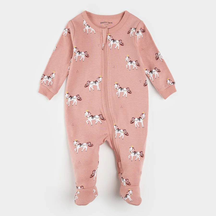 Pyjama - Petit Lem rose avec motifs chevaux blancs et marron, coton côtelé, pieds intégrés, pour fille, vue de face.