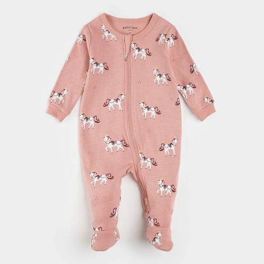 Pyjama - Petit Lem rose avec motifs chevaux blancs et marron, coton côtelé, pieds intégrés, pour fille, vue de face.