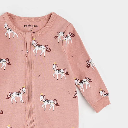 Pyjama - Petit Lem en coton côtelé rose avec motifs chevaux blancs, pieds intégrés, pour fille, vue de détail face côté manches