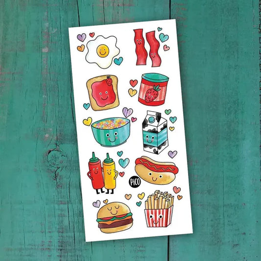 Feuille de tatouages temporaires Pico Tatoo - Amis gourmands avec motifs colorés alimentaires, vue de face sur fond turquoise.