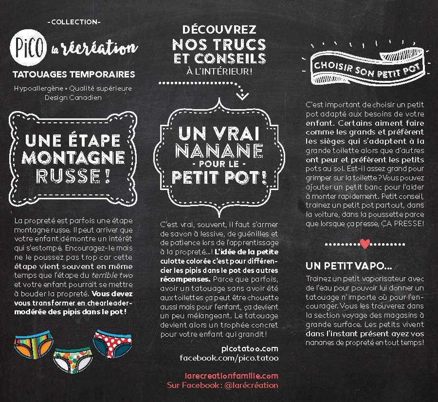 Pico Tatoo - La propreté - Les bobettes colorées illustrées sur fond noir avec texte explicatif, vue de face