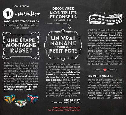 Pico Tatoo - La propreté - Les bobettes colorées illustrées sur fond noir avec texte explicatif, vue de face
