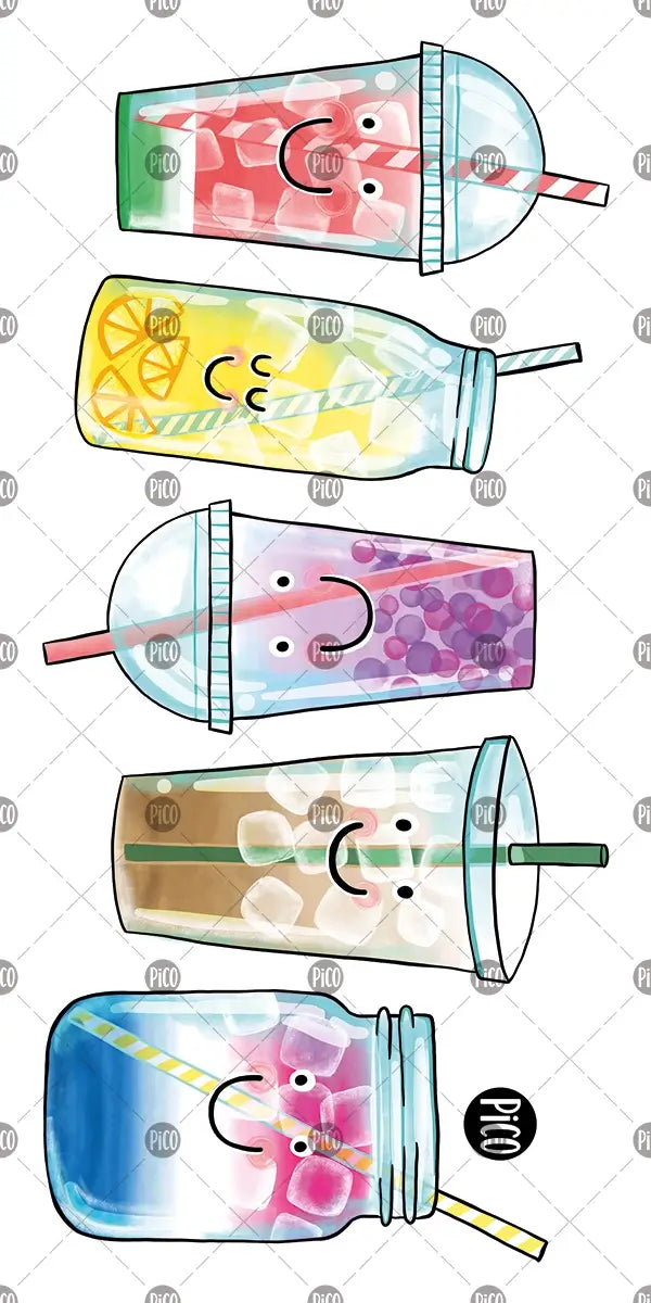 Tatouages temporaires Pico Tatoo - Les breuvages rafraîchissants, design coloré de boissons avec visages, vue détaillée sur fond blanc.