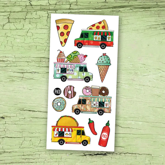 Feuille de tatouages temporaires Pico Tatoo - Les camions de nourriture colorés, design ludique, pour enfant, vue de face.