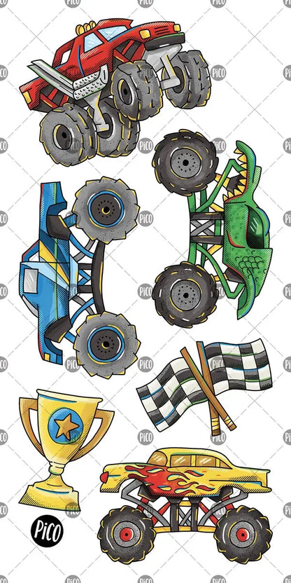 Tatouages temporaires Pico Tatoo - Les camions monstres avec camions rouge, vert, bleu et jaune, détails colorés, planche 2x4 pouces.