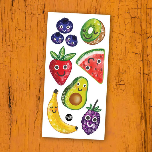 Tatouages temporaires Pico Tatoo - Les fruits en folie colorés avec motifs mignons, feuille blanche, vue de face, pour enfant.