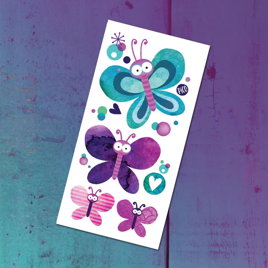 Pico Tatoo - Les jolis papillons, feuille de tatouages temporaires papillons bleu, violet et rose, style enfant, vue détaillée.