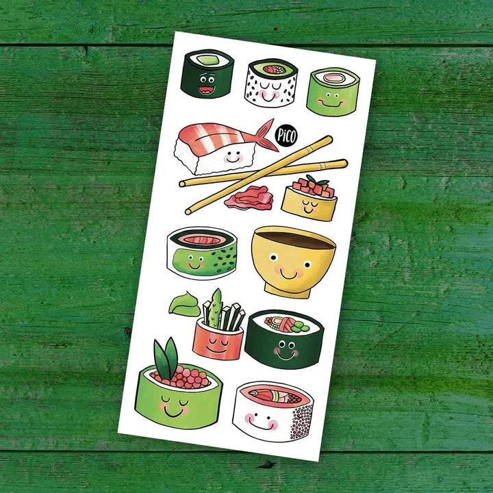 Pico Tatoo - Les minis sushis tatouages temporaires colorés vert, blanc, rose, format 2x4 pouces, vue de face