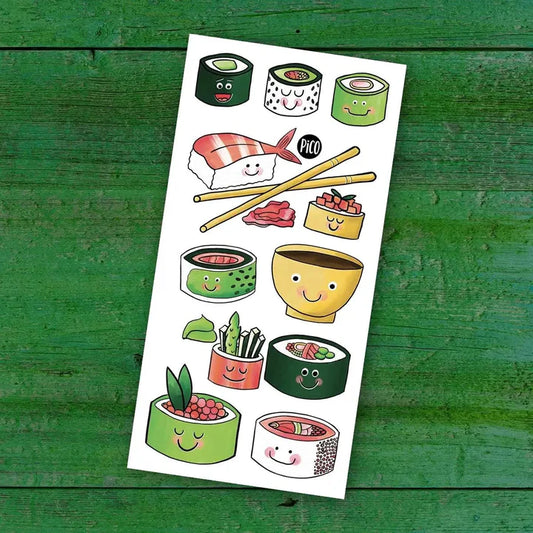Pico Tatoo - Les minis sushis tatouages temporaires colorés vert, blanc, rose, format 2x4 pouces, vue de face